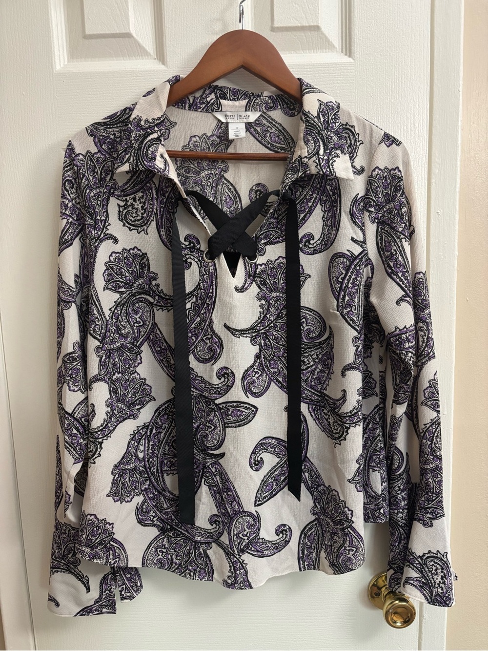 White House Black Market Cream and Purple Paisley Lace-Up Blouse